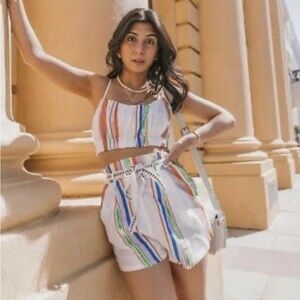 H&M X Lemlem Striped Lyocell Linen Shorts NWT Size Medium